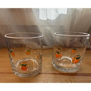 Anthropologie Citrus Juice Glass Set 2 Hand Blown Orange Motif